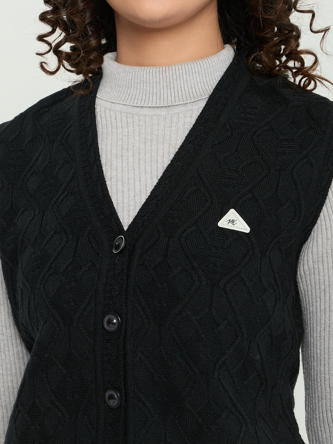 Women Black Self Design V Neck Sleeveless Cardigan