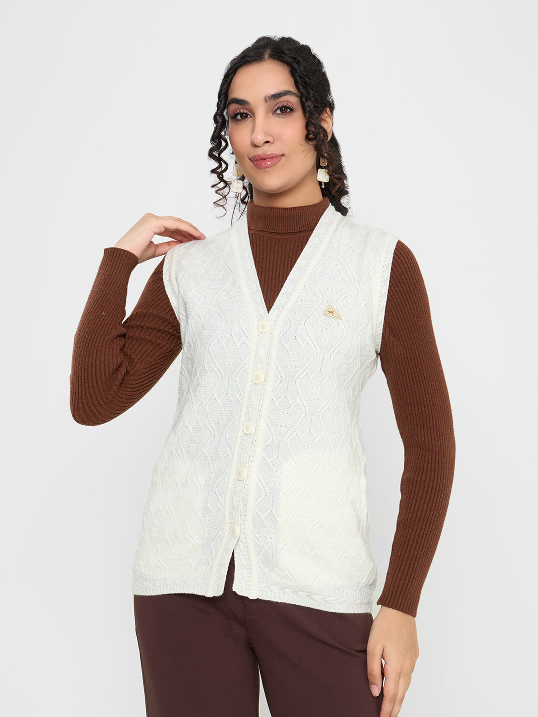 Women Off White Self Design V Neck Sleeveless Cardigan