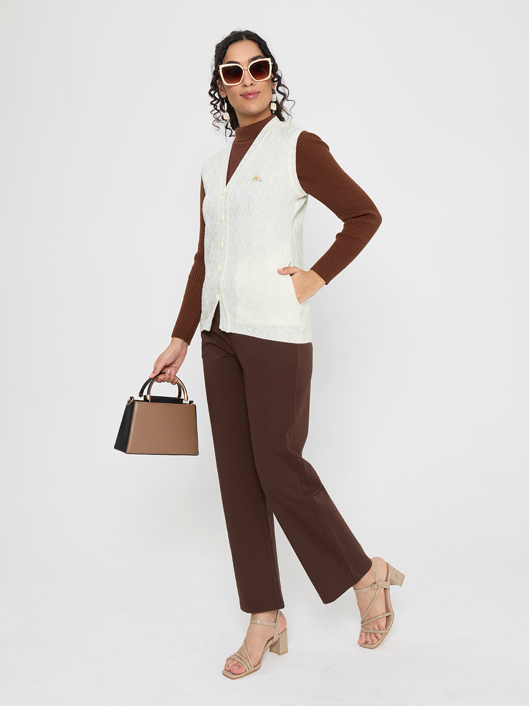 Women Off White Self Design V Neck Sleeveless Cardigan