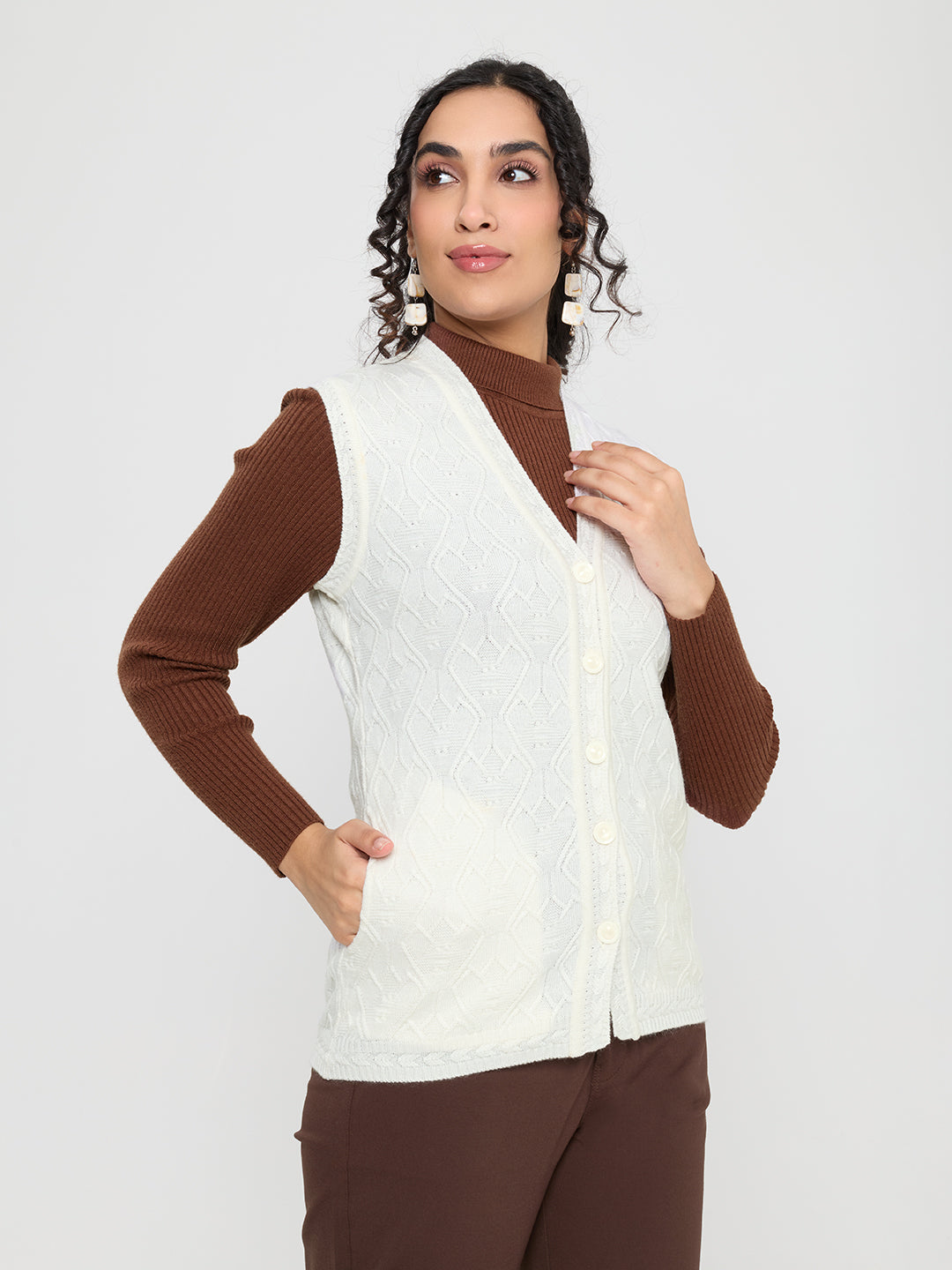 Women Off White Self Design V Neck Sleeveless Cardigan