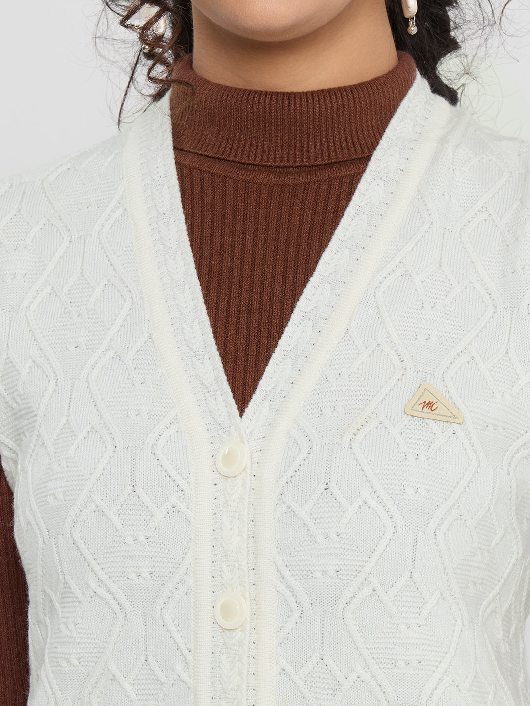 Women Off White Self Design V Neck Sleeveless Cardigan