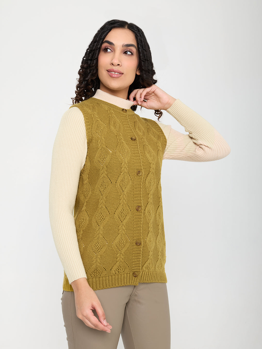 Women Mustard Self Design Round Neck Sleeveless Cardigan