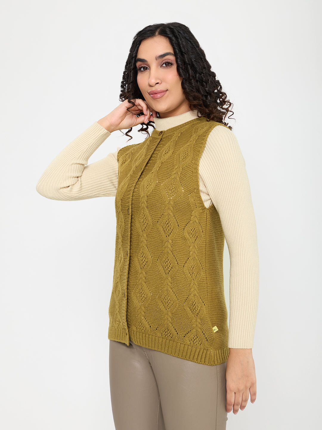 Women Mustard Self Design Round Neck Sleeveless Cardigan
