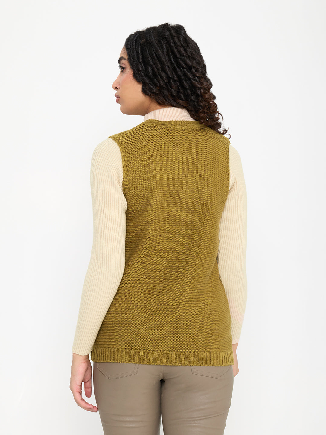 Women Mustard Self Design Round Neck Sleeveless Cardigan