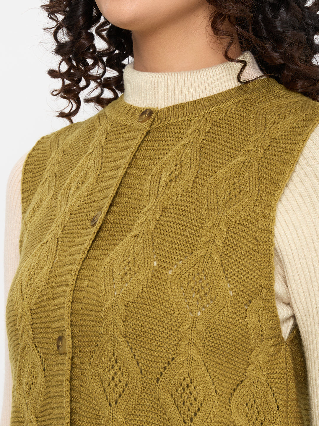 Women Mustard Self Design Round Neck Sleeveless Cardigan