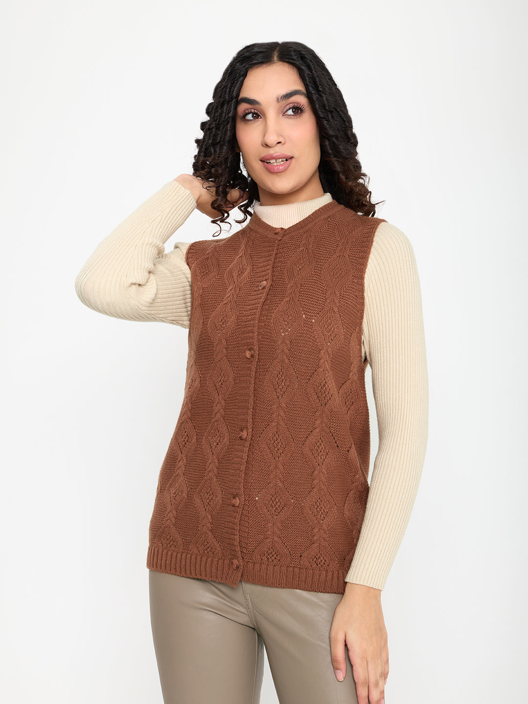 Women Rust Self Design Round Neck Sleeveless Cardigan
