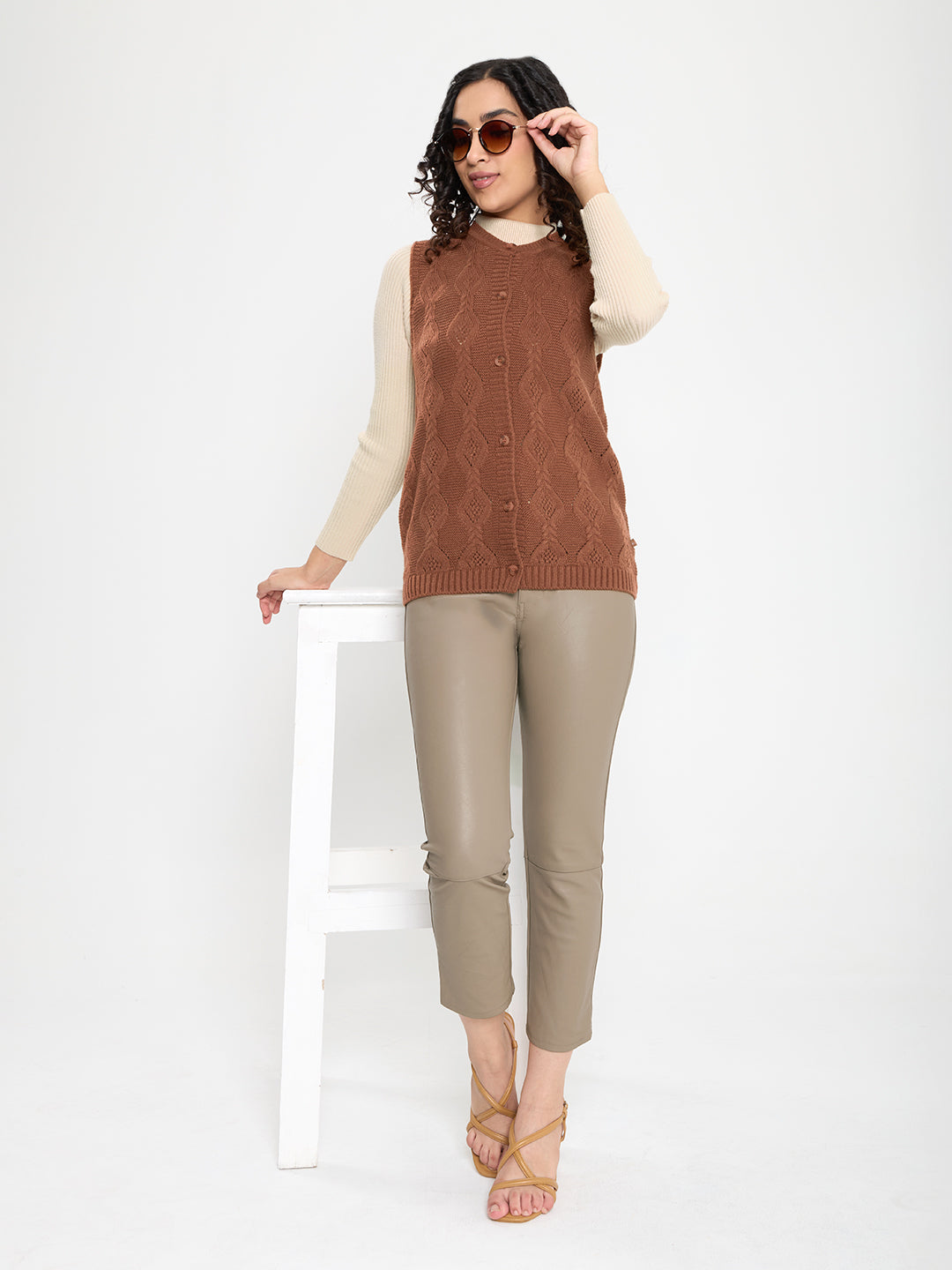 Women Rust Self Design Round Neck Sleeveless Cardigan