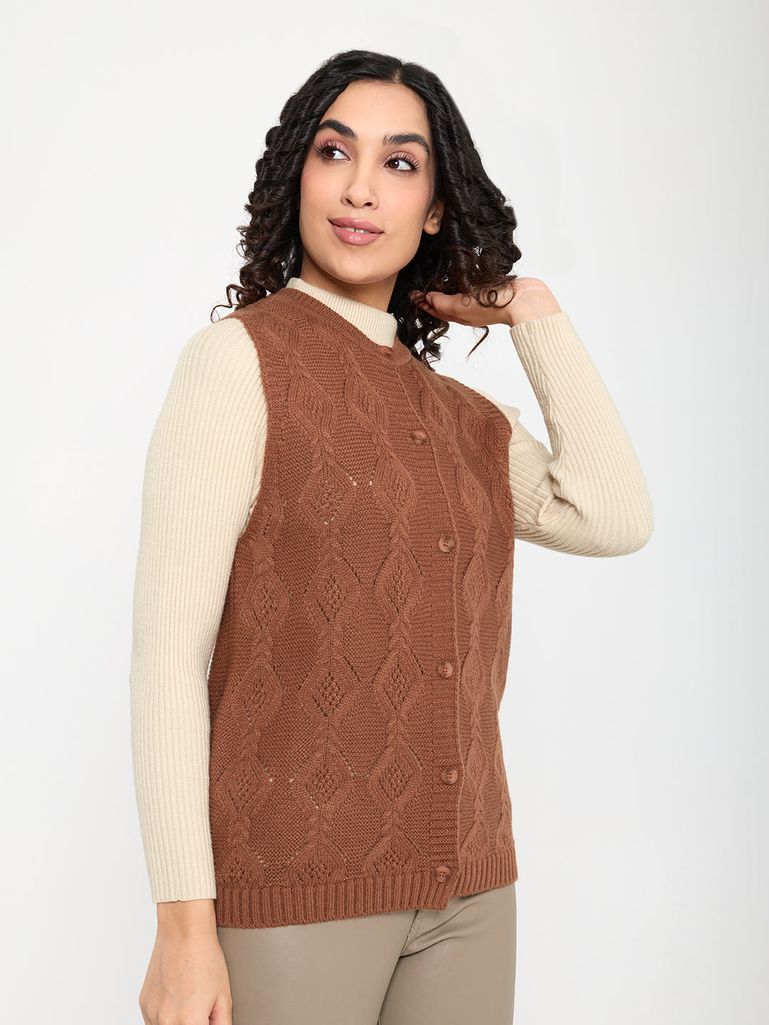Women Rust Self Design Round Neck Sleeveless Cardigan