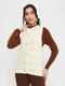 Women Off White Self Design Round Neck Sleeveless Cardigan