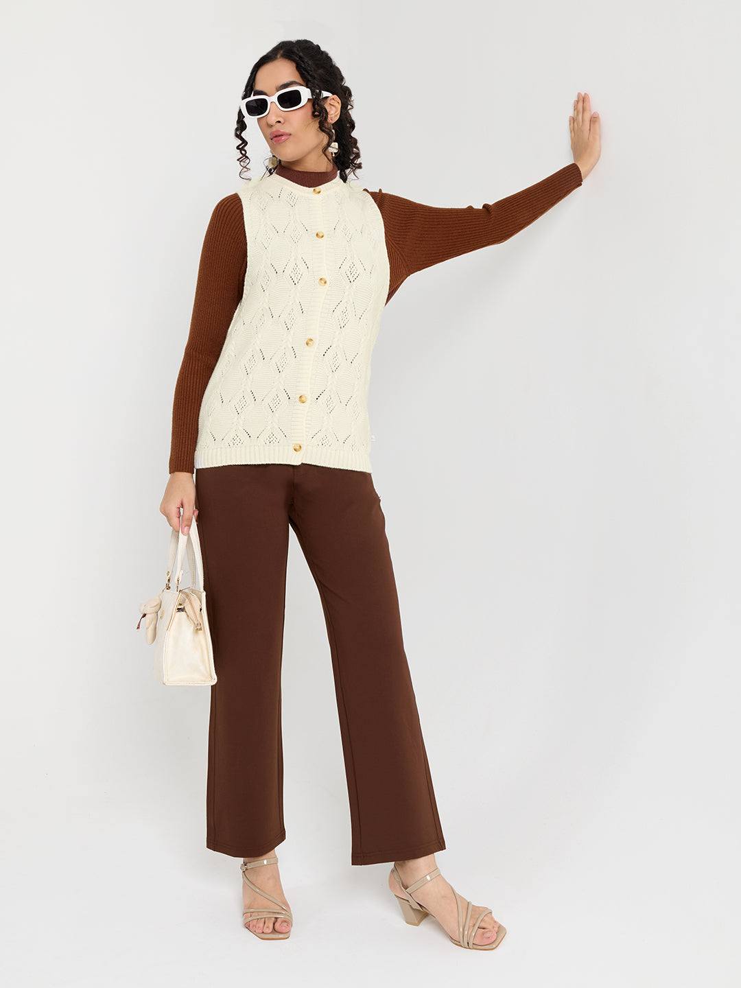 Women Off White Self Design Round Neck Sleeveless Cardigan