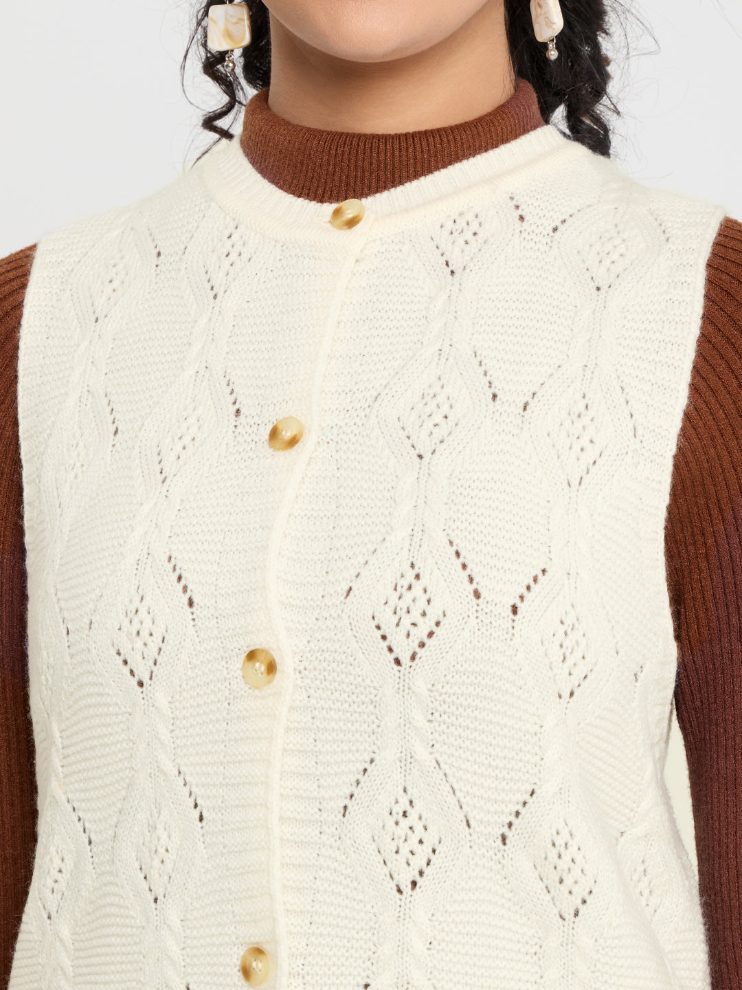 Women Off White Self Design Round Neck Sleeveless Cardigan
