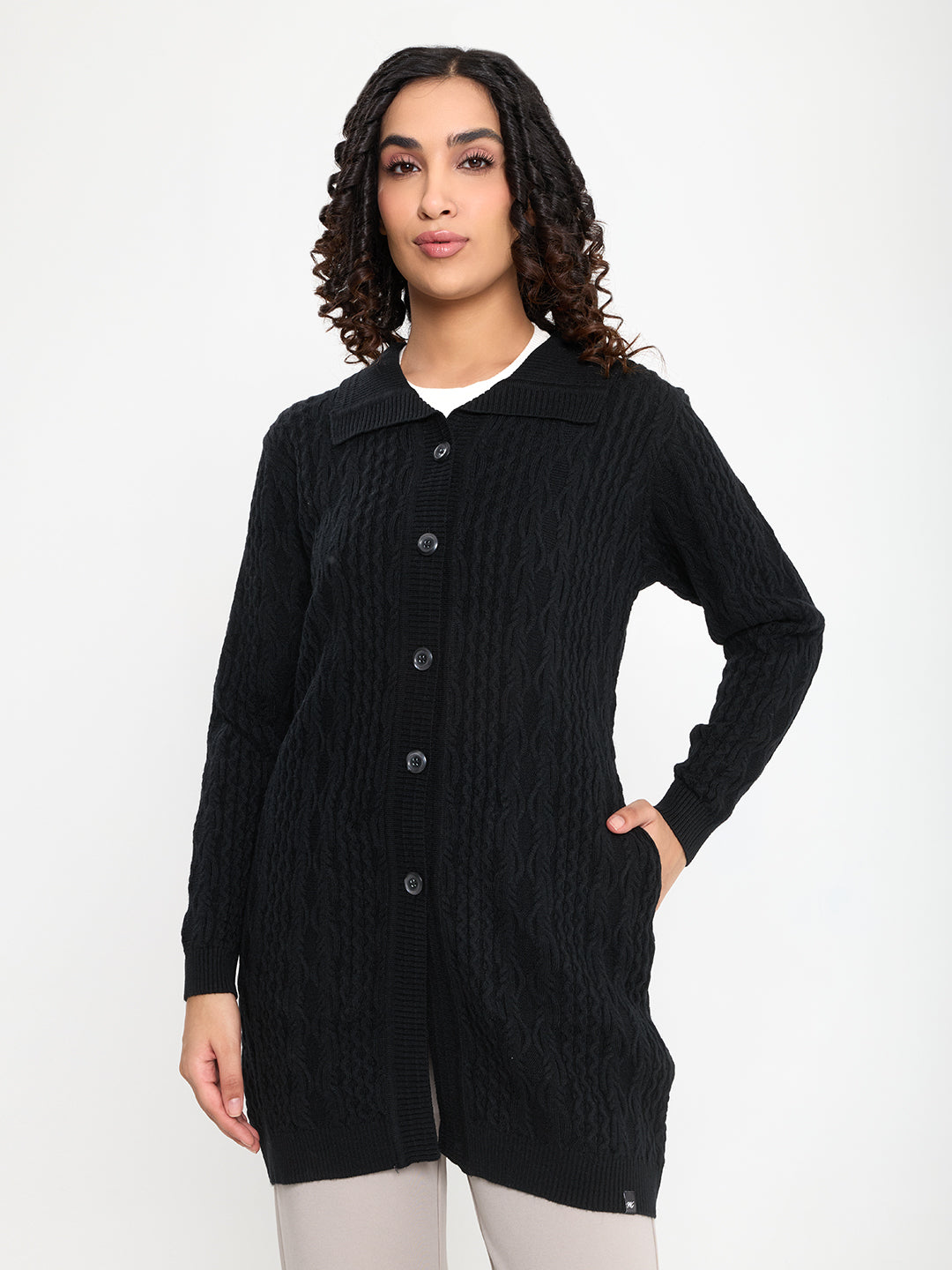 Women Black Self Design Collar Full Sleeve Long Cardigan