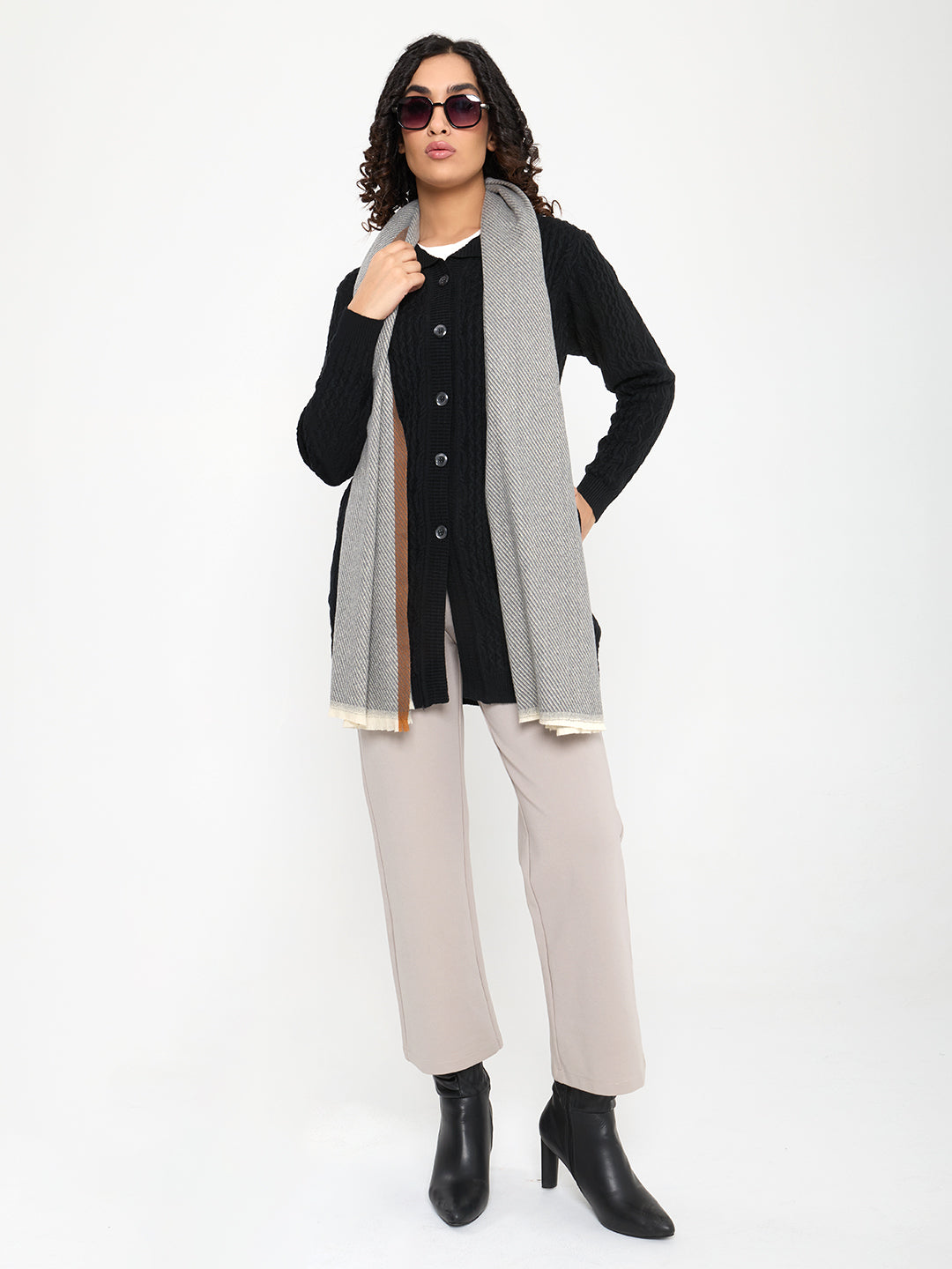 Women Black Self Design Collar Full Sleeve Long Cardigan