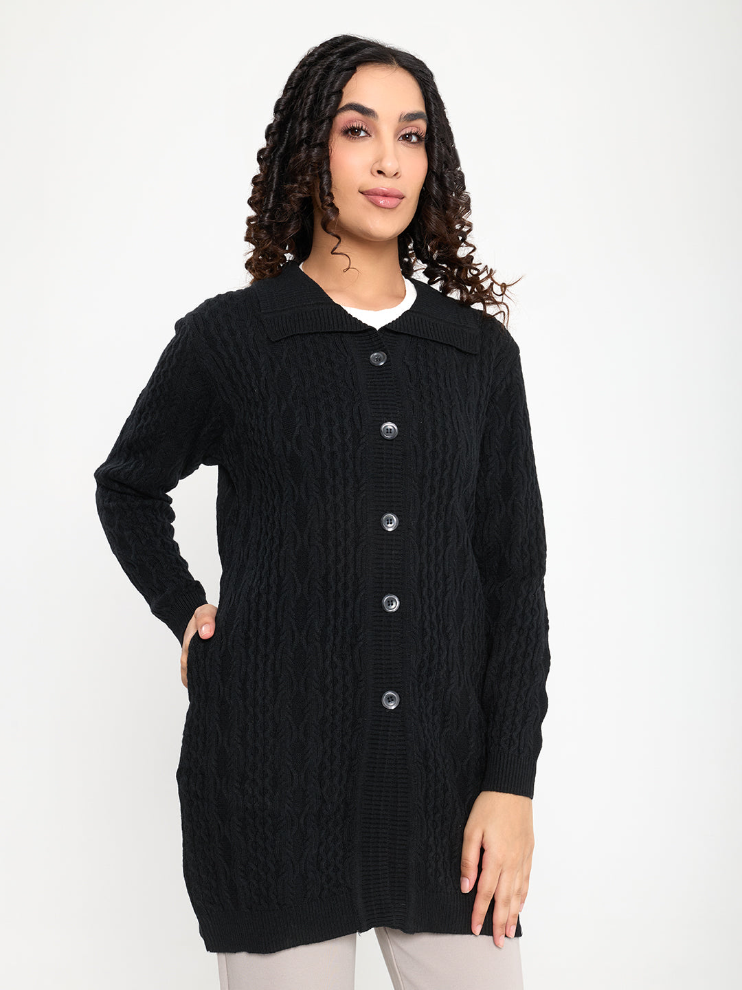 Women Black Self Design Collar Full Sleeve Long Cardigan