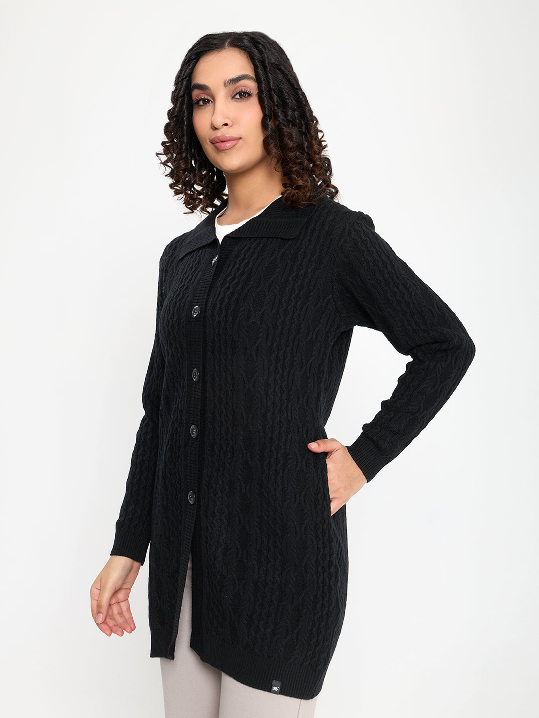Women Black Self Design Collar Full Sleeve Long Cardigan