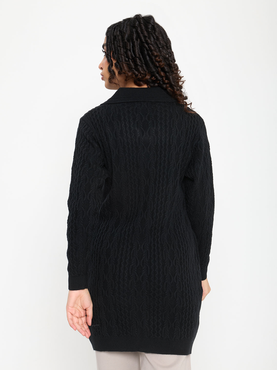 Women Black Self Design Collar Full Sleeve Long Cardigan