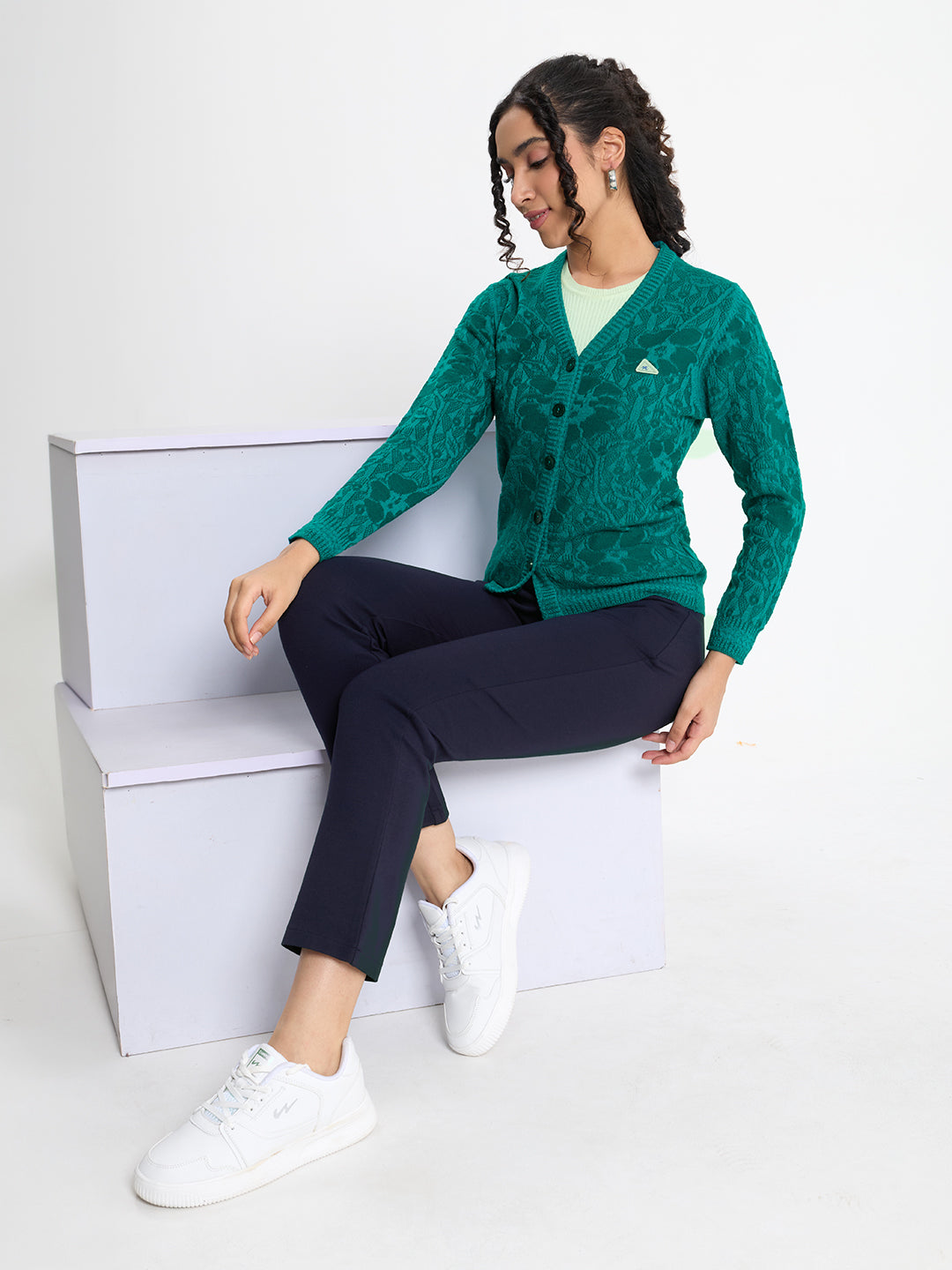 Women Teal Blue Self Design V Neck Full Sleeve Cardigan