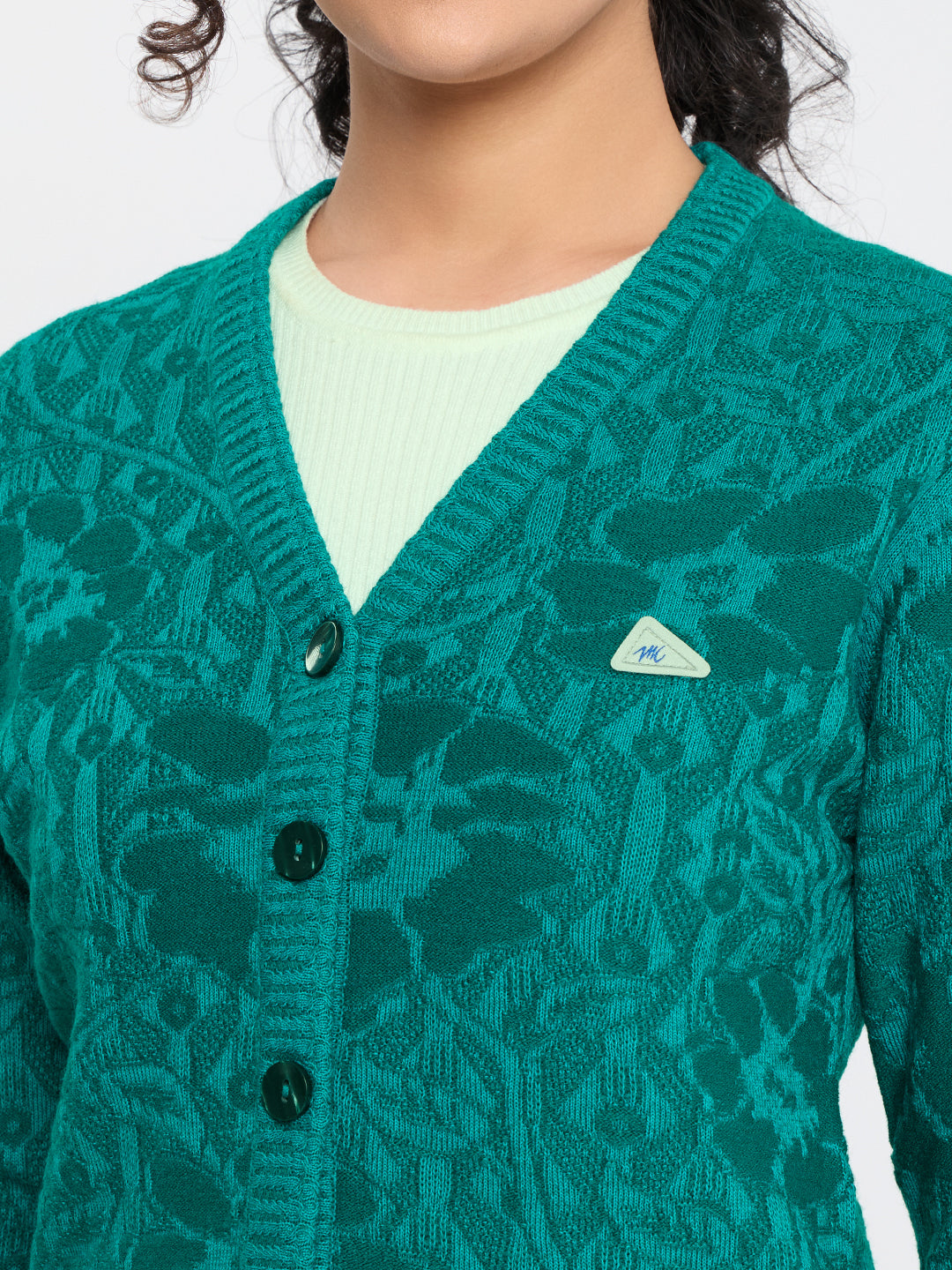 Women Teal Blue Self Design V Neck Full Sleeve Cardigan
