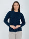 Women Blue Self Design Round Neck Full Sleeve Cardigan