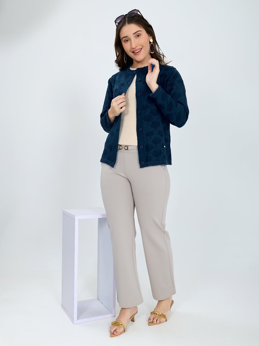 Women Blue Self Design Round Neck Full Sleeve Cardigan