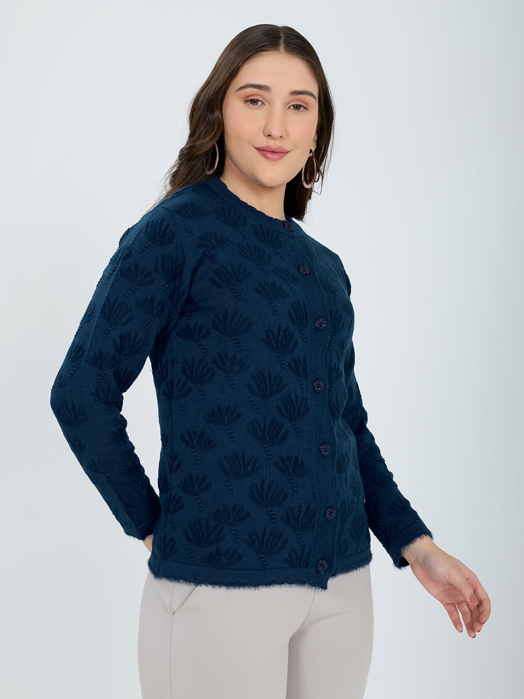 Women Blue Self Design Round Neck Full Sleeve Cardigan