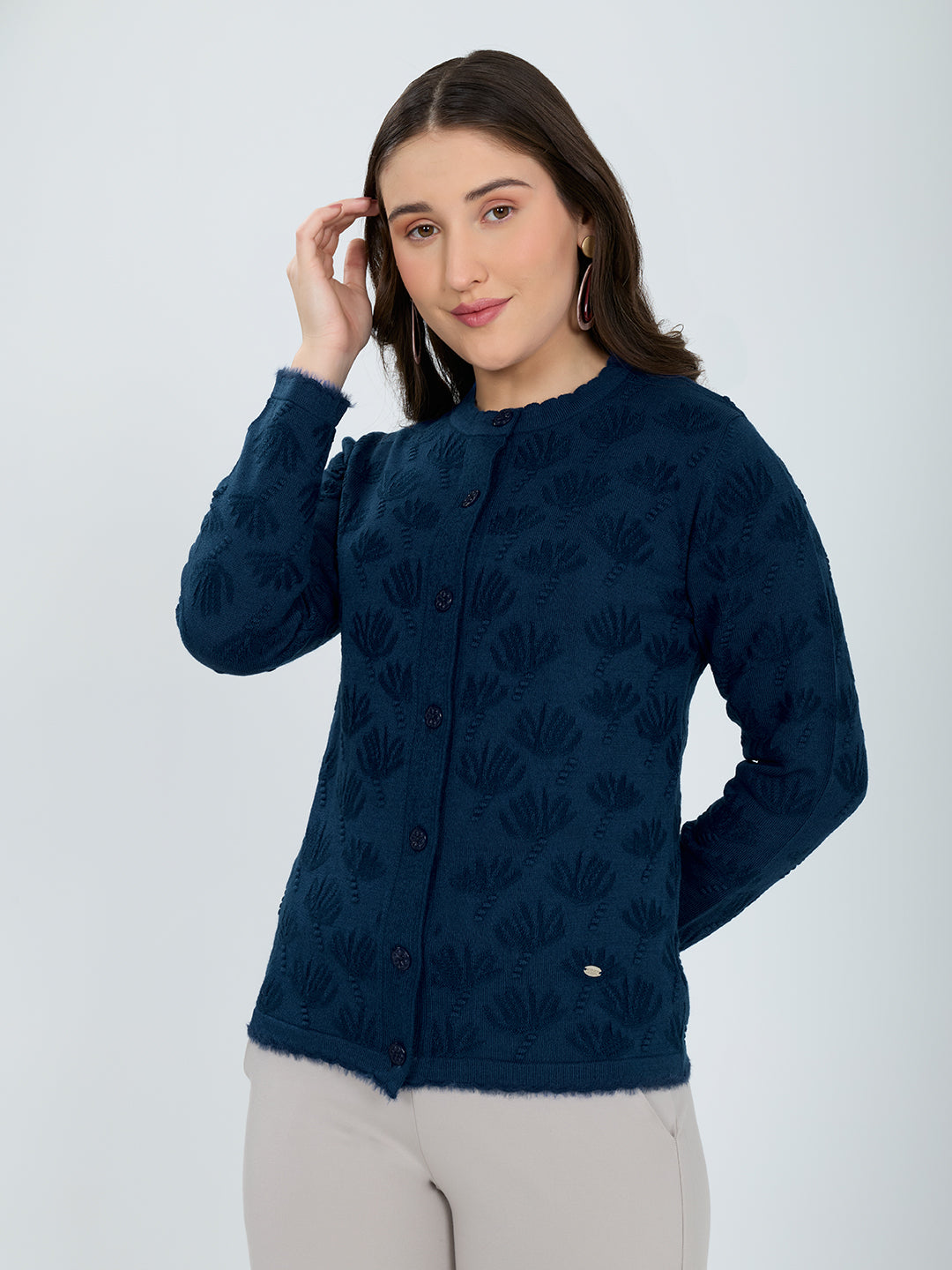 Women Blue Self Design Round Neck Full Sleeve Cardigan