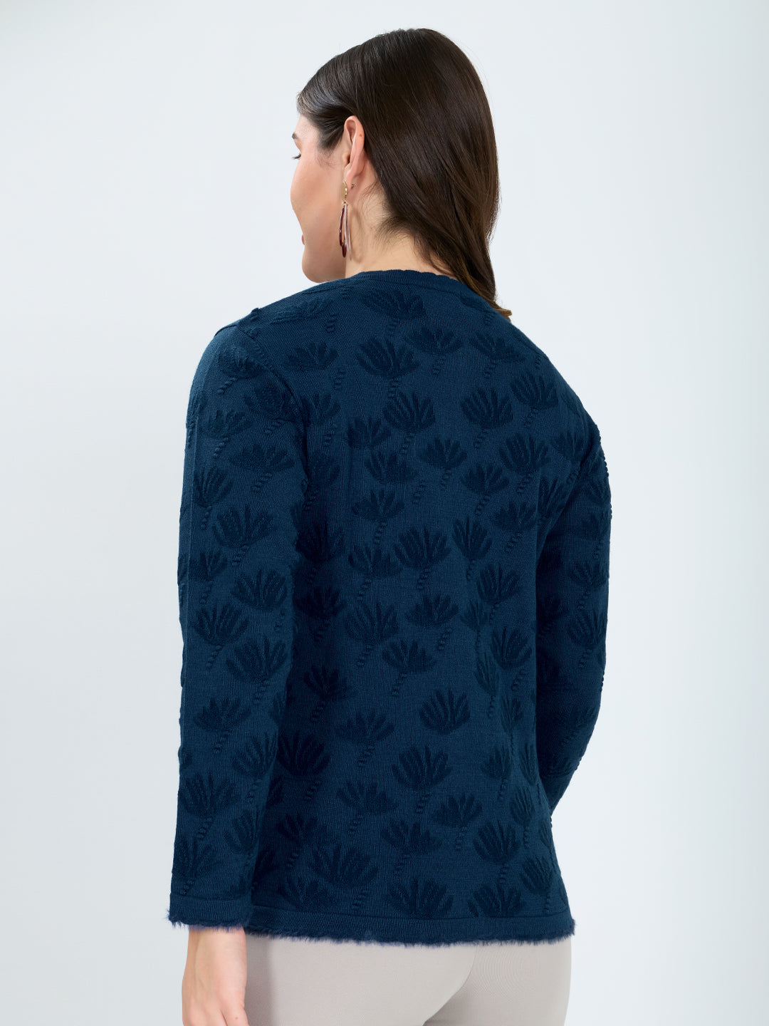 Women Blue Self Design Round Neck Full Sleeve Cardigan