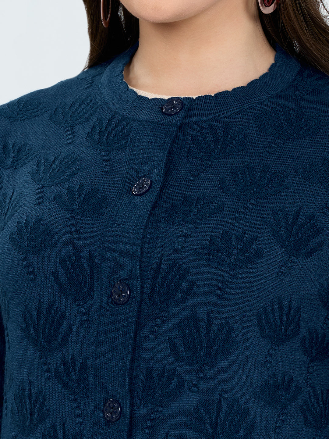 Women Blue Self Design Round Neck Full Sleeve Cardigan