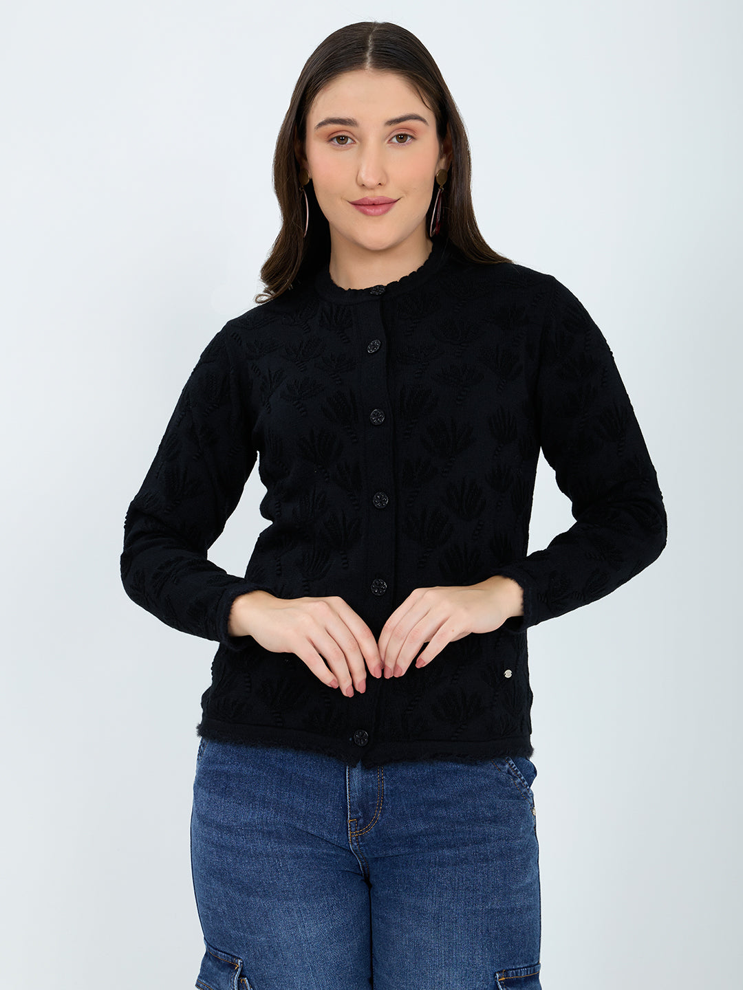 Women Black Self Design Round Neck Full Sleeve Cardigan