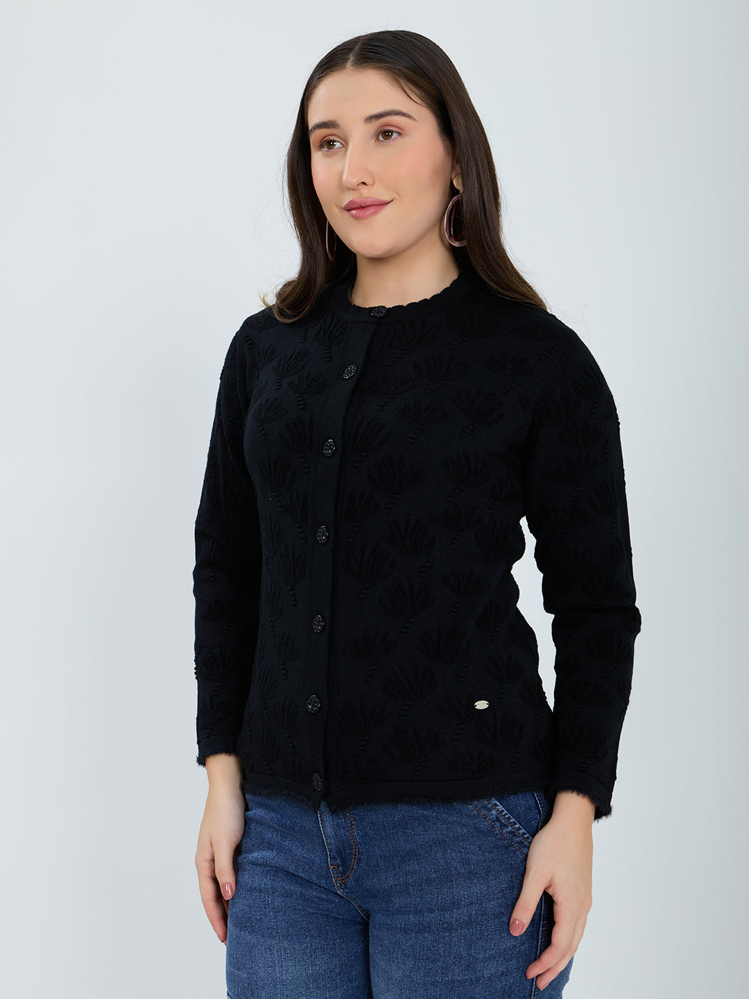 Women Black Self Design Round Neck Full Sleeve Cardigan