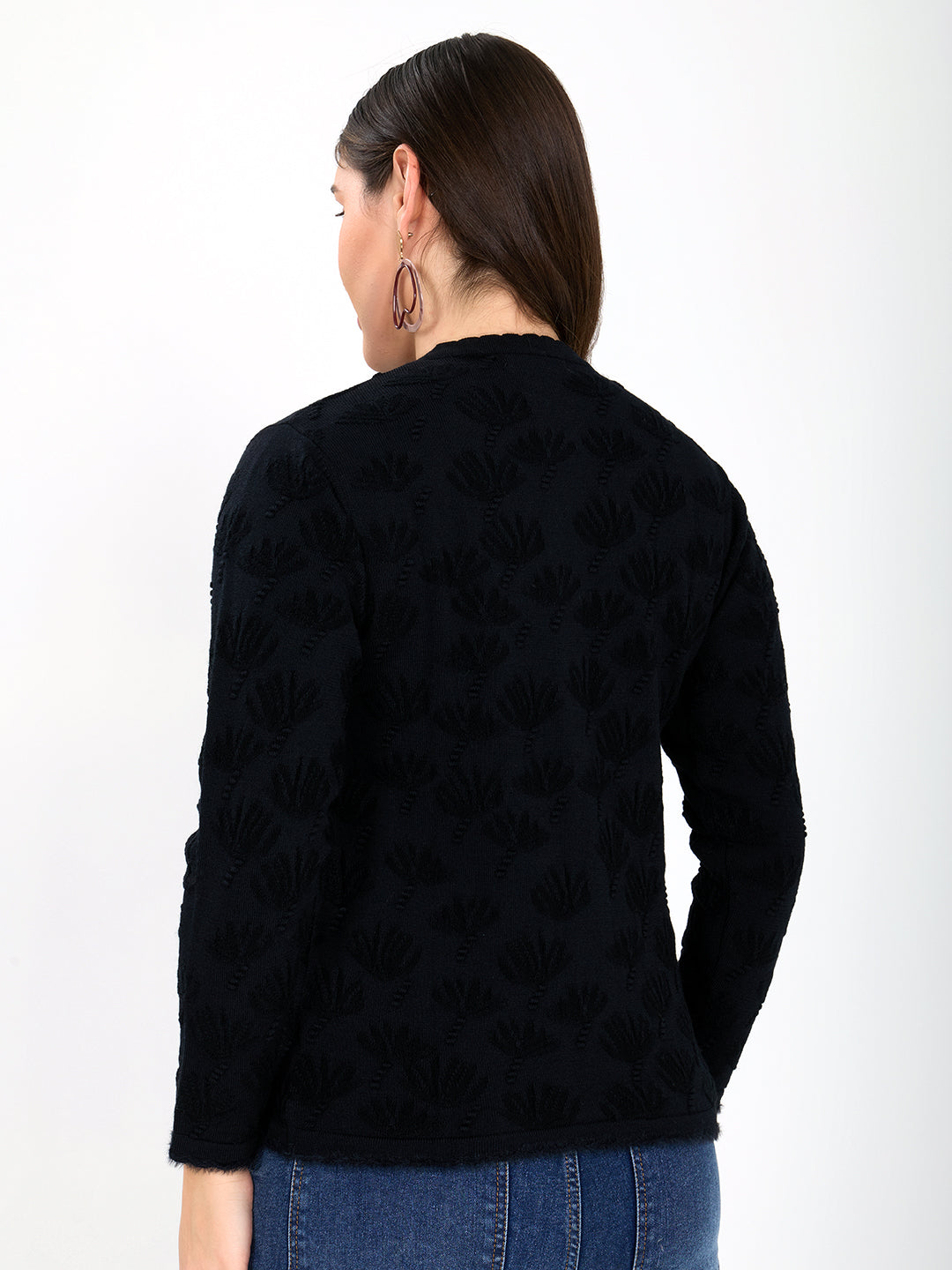 Women Black Self Design Round Neck Full Sleeve Cardigan