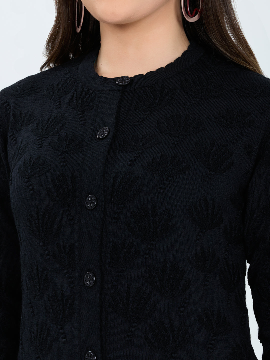Women Black Self Design Round Neck Full Sleeve Cardigan