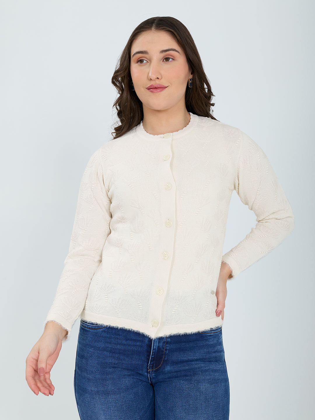 Women White Self Design Round Neck Full Sleeve Cardigan
