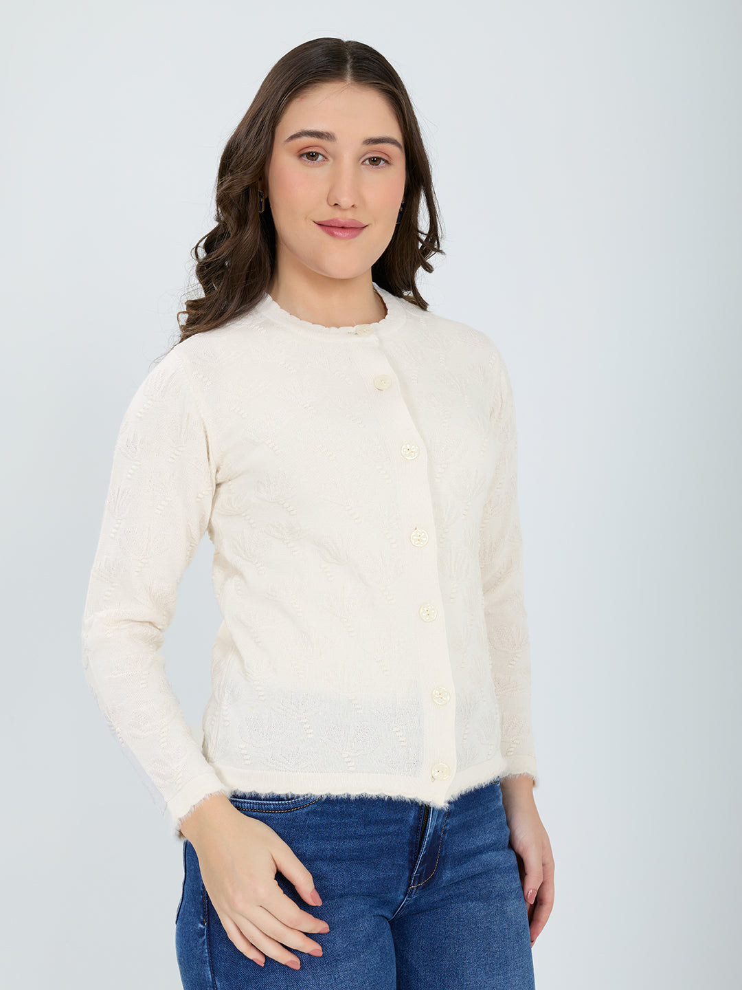 Women White Self Design Round Neck Full Sleeve Cardigan