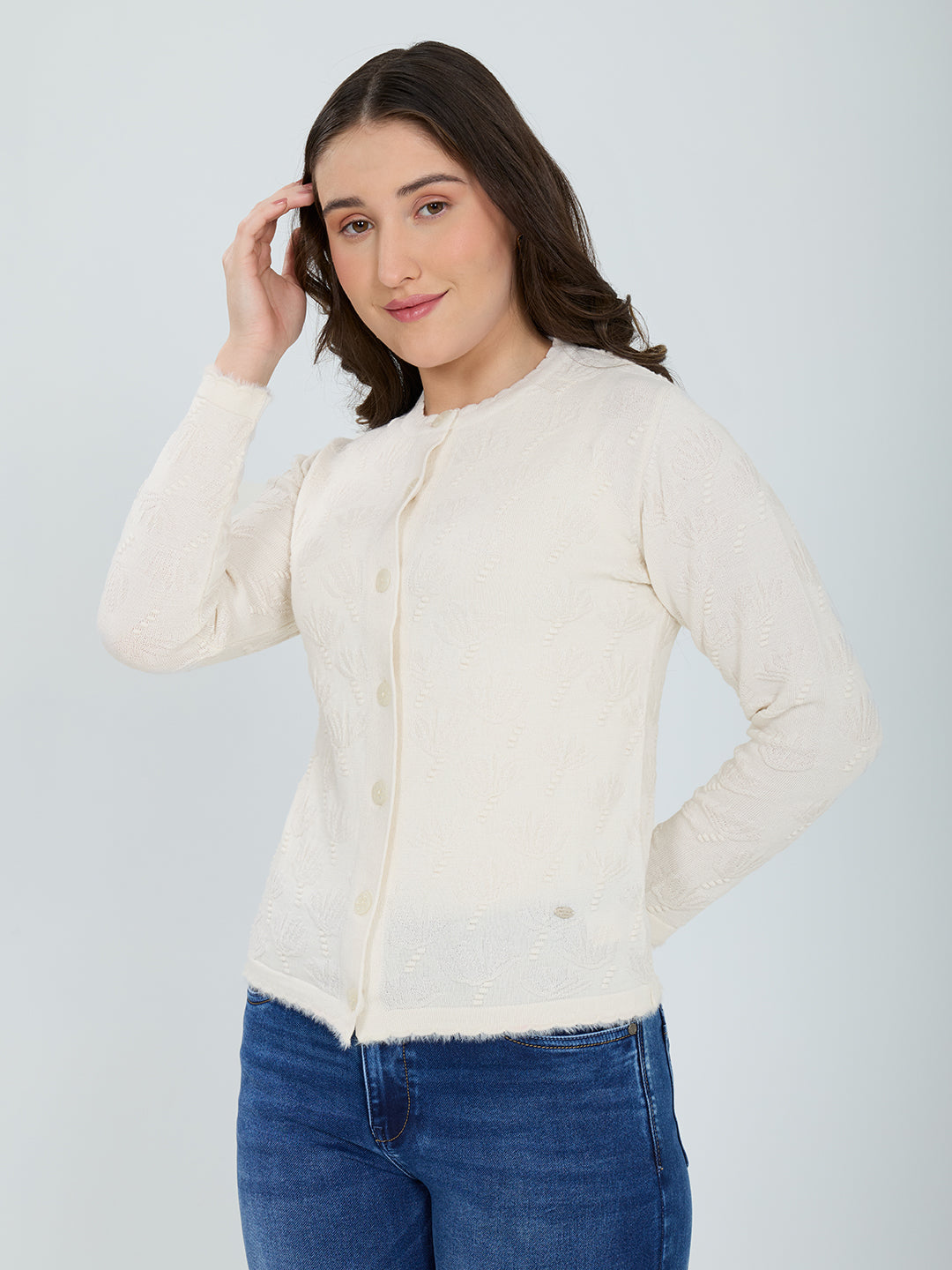 Women White Self Design Round Neck Full Sleeve Cardigan
