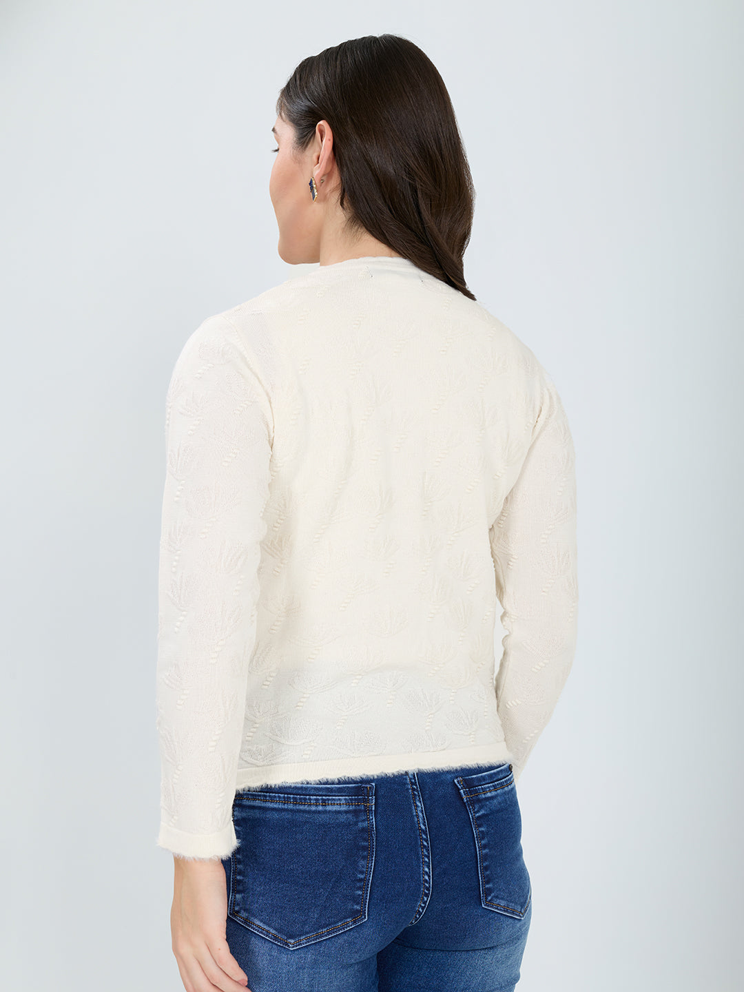 Women White Self Design Round Neck Full Sleeve Cardigan