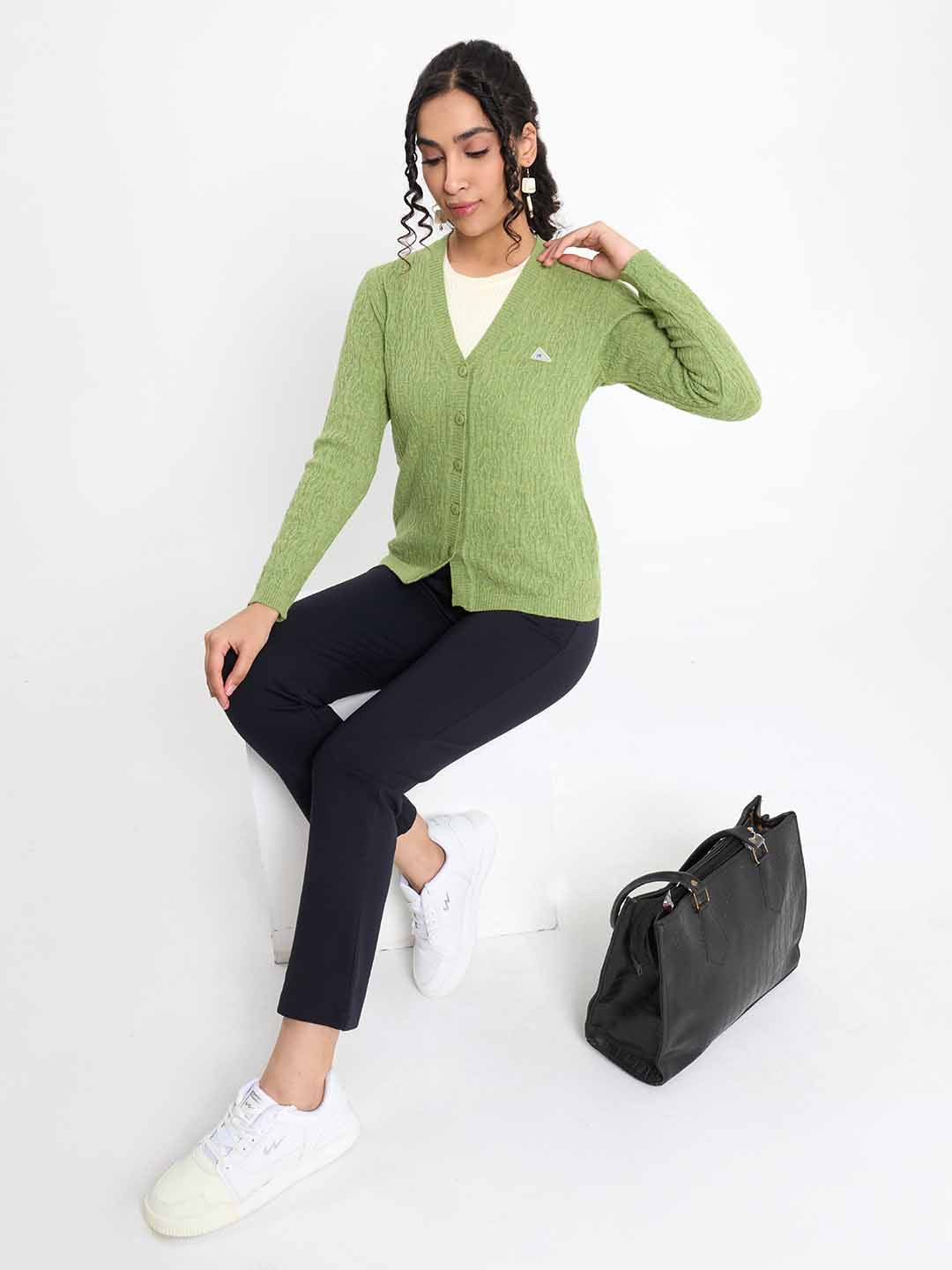 Women Light Green Self Design V Neck Full Sleeve Cardigan