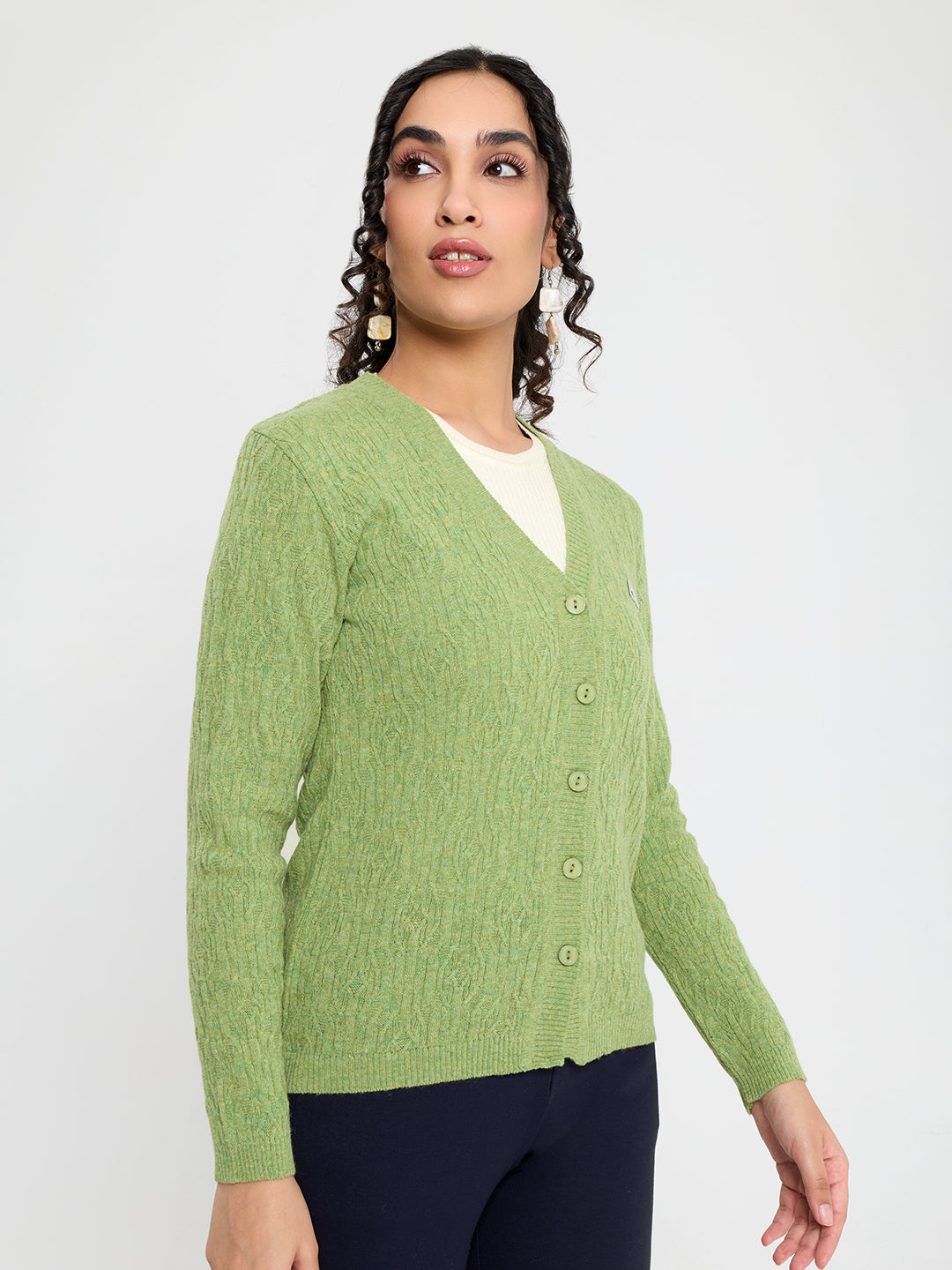 Women Light Green Self Design V Neck Full Sleeve Cardigan