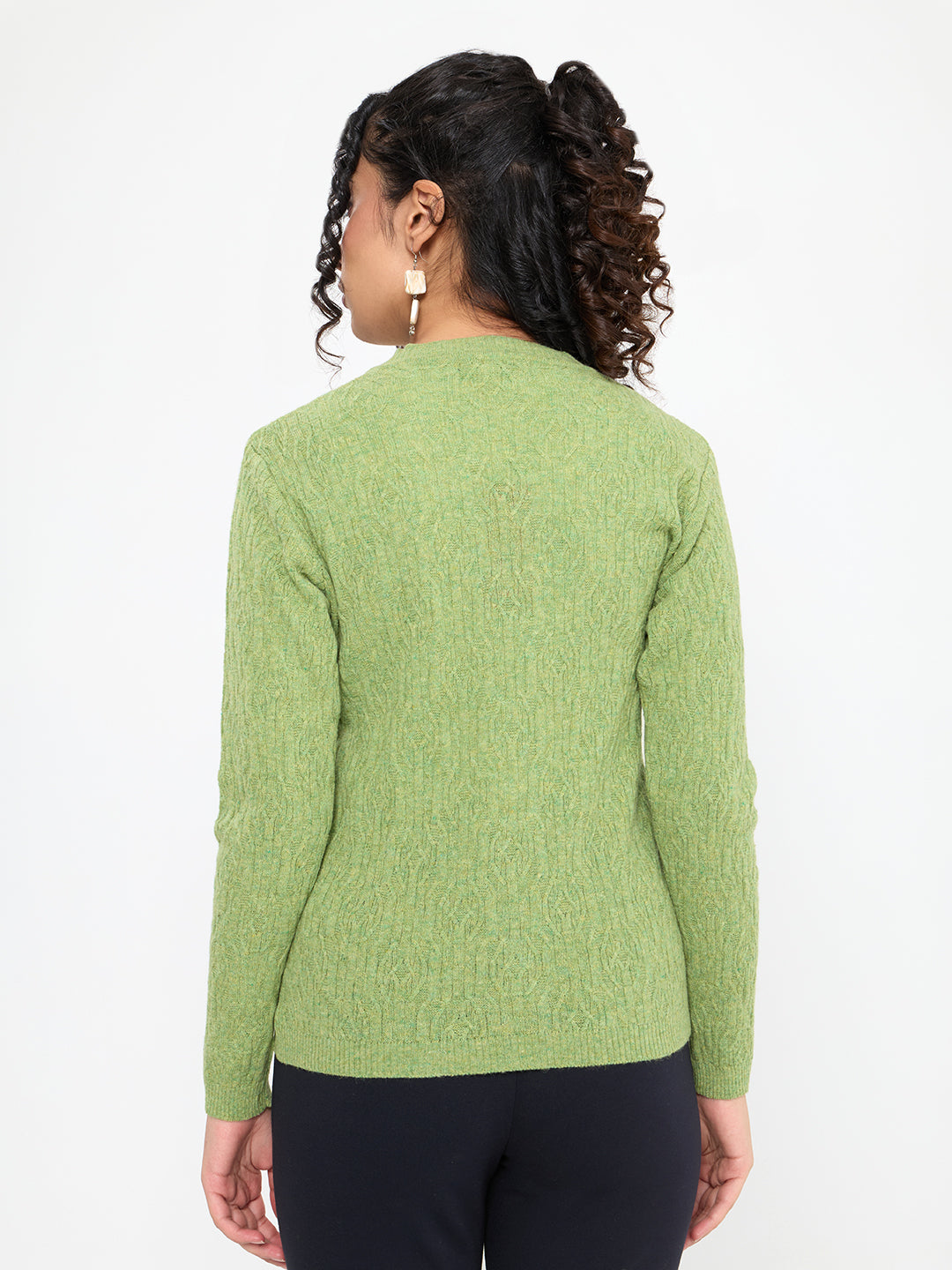 Women Light Green Self Design V Neck Full Sleeve Cardigan