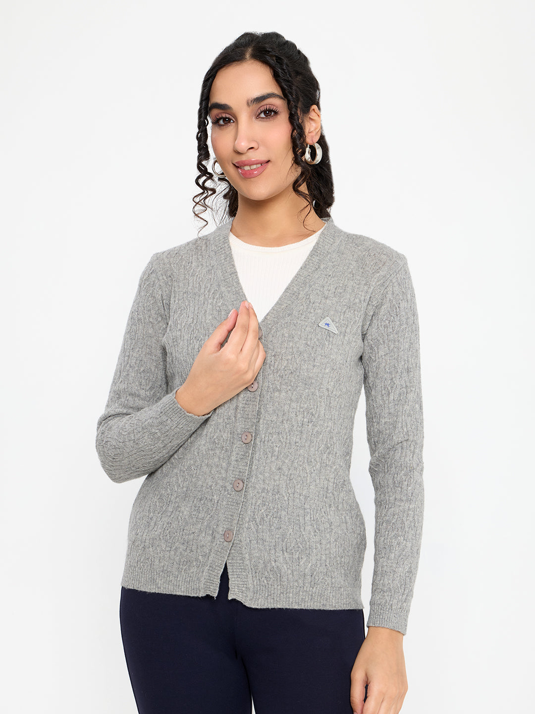 Women Grey Self Design V Neck Full Sleeve Cardigan