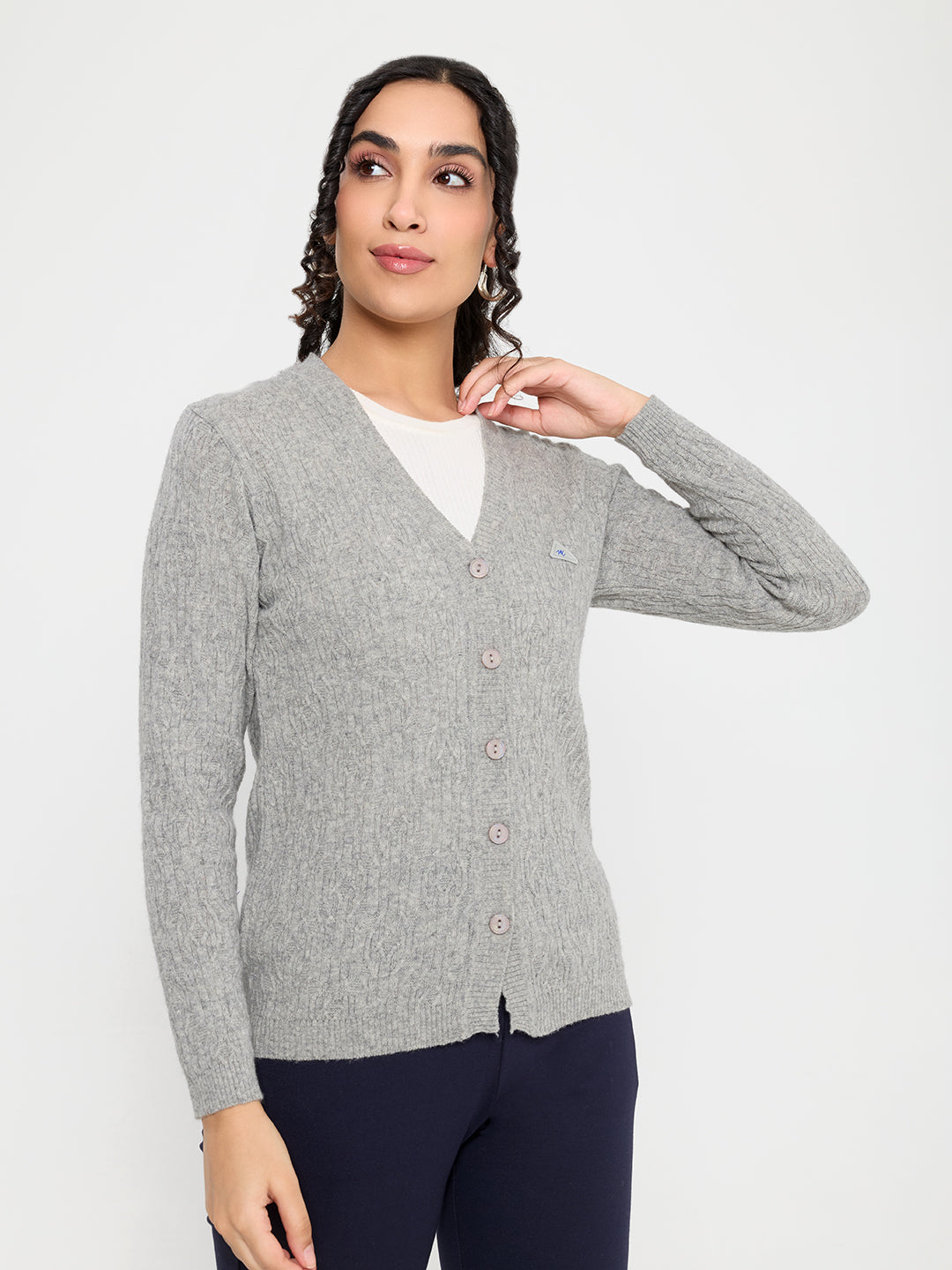 Women Grey Self Design V Neck Full Sleeve Cardigan
