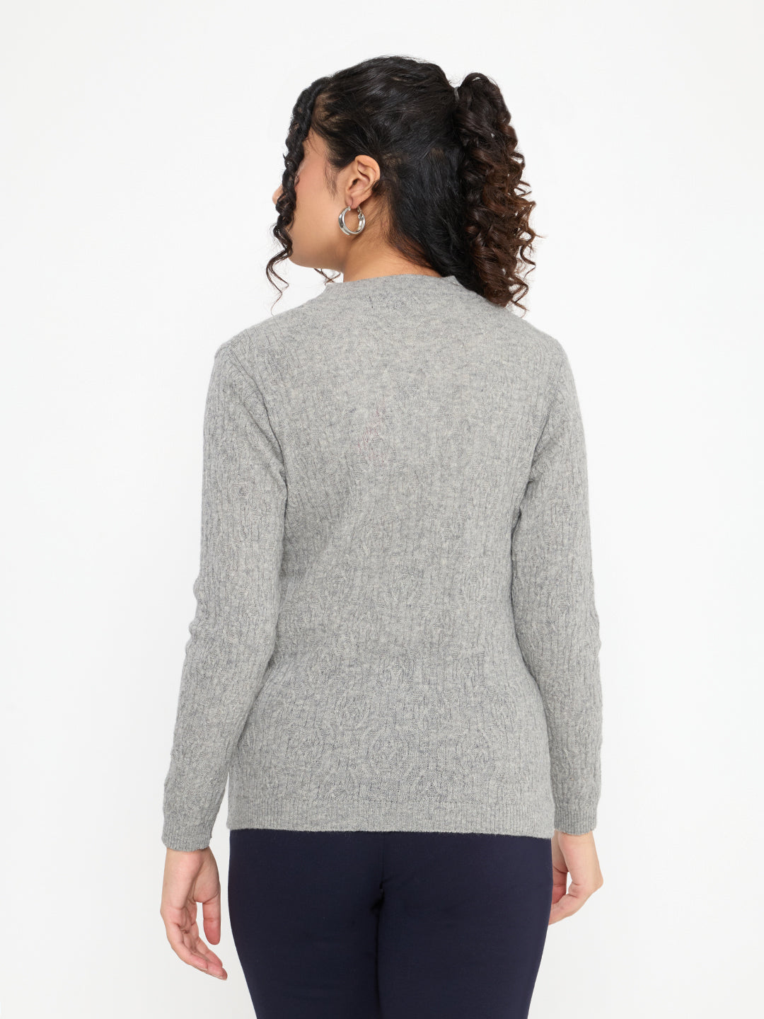 Women Grey Self Design V Neck Full Sleeve Cardigan