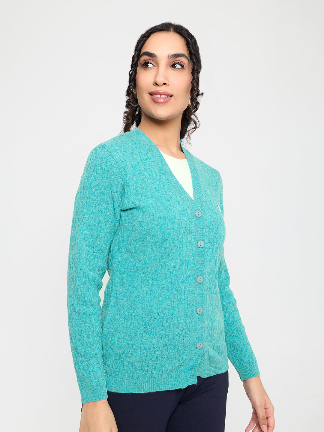 Women Turquoise Blue Self Design V Neck Full Sleeve Cardigan