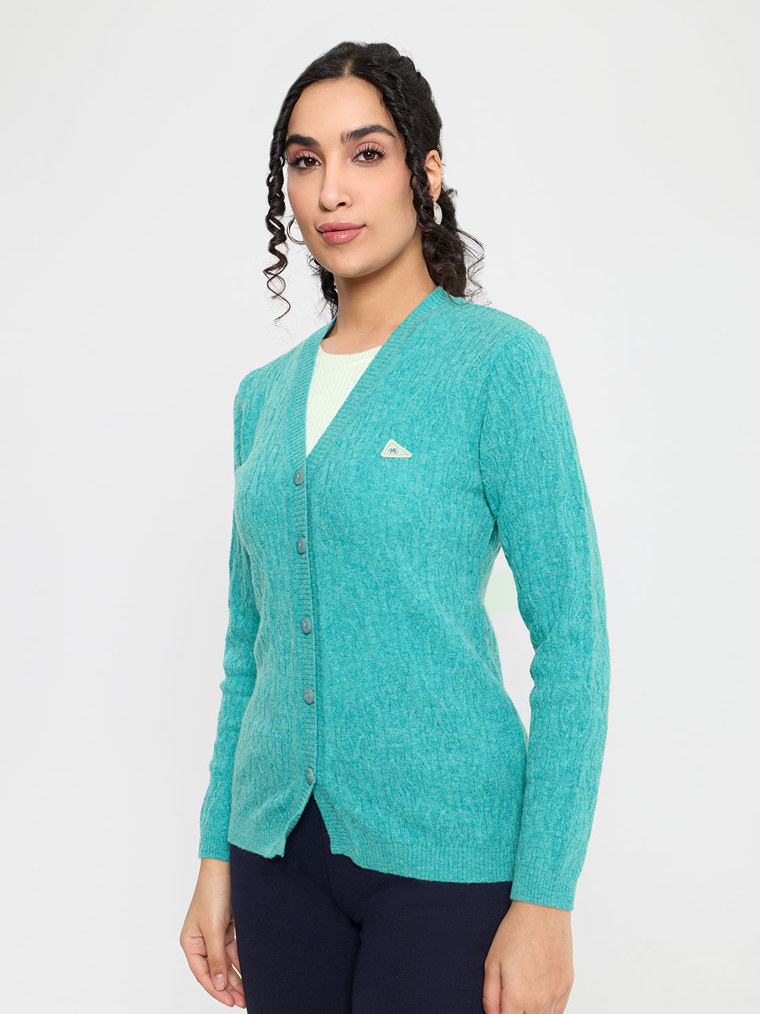 Women Turquoise Blue Self Design V Neck Full Sleeve Cardigan