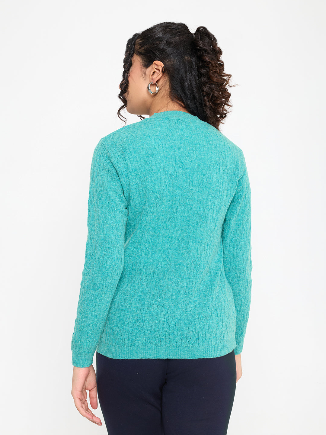 Women Turquoise Blue Self Design V Neck Full Sleeve Cardigan