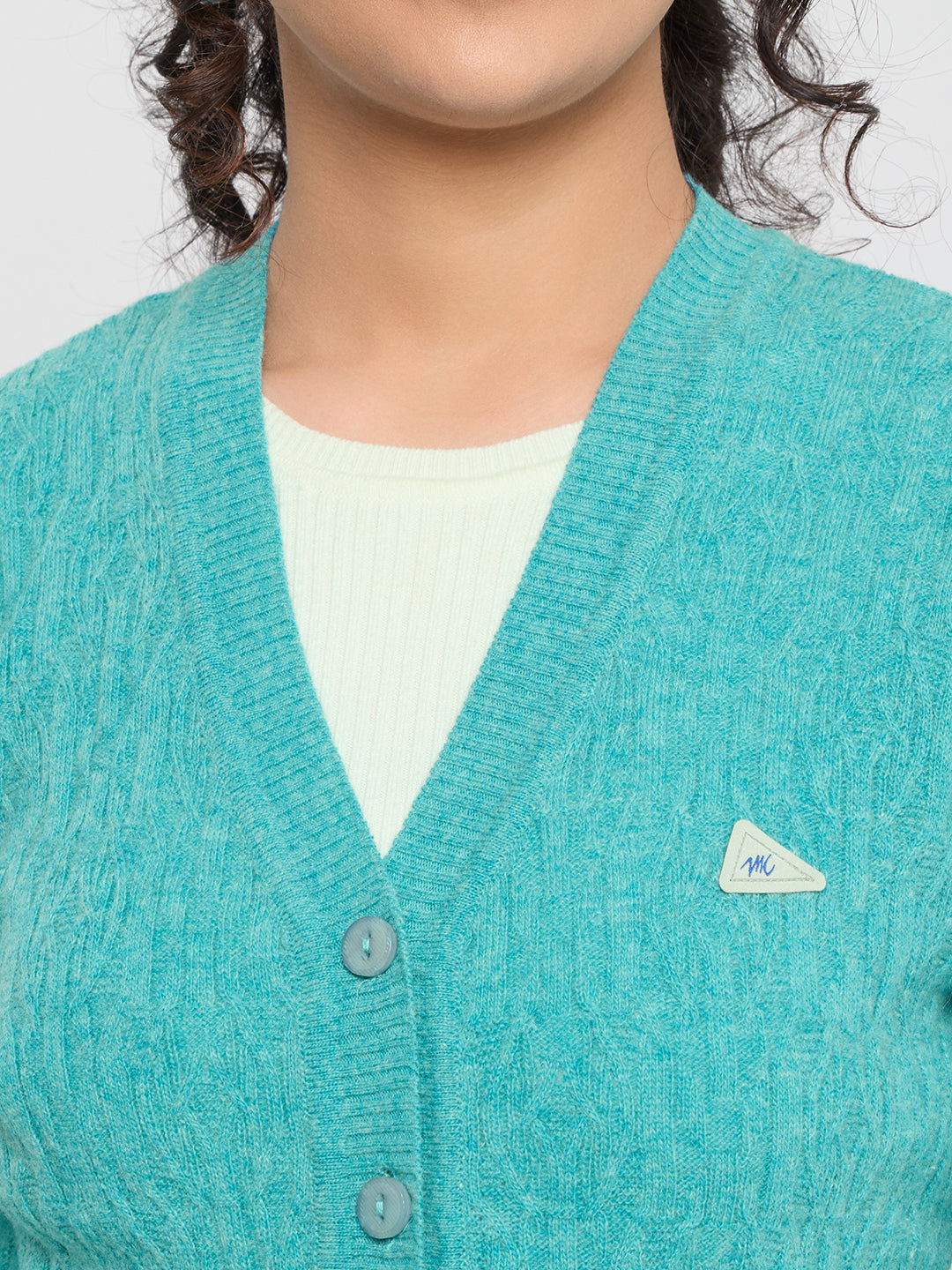 Women Turquoise Blue Self Design V Neck Full Sleeve Cardigan