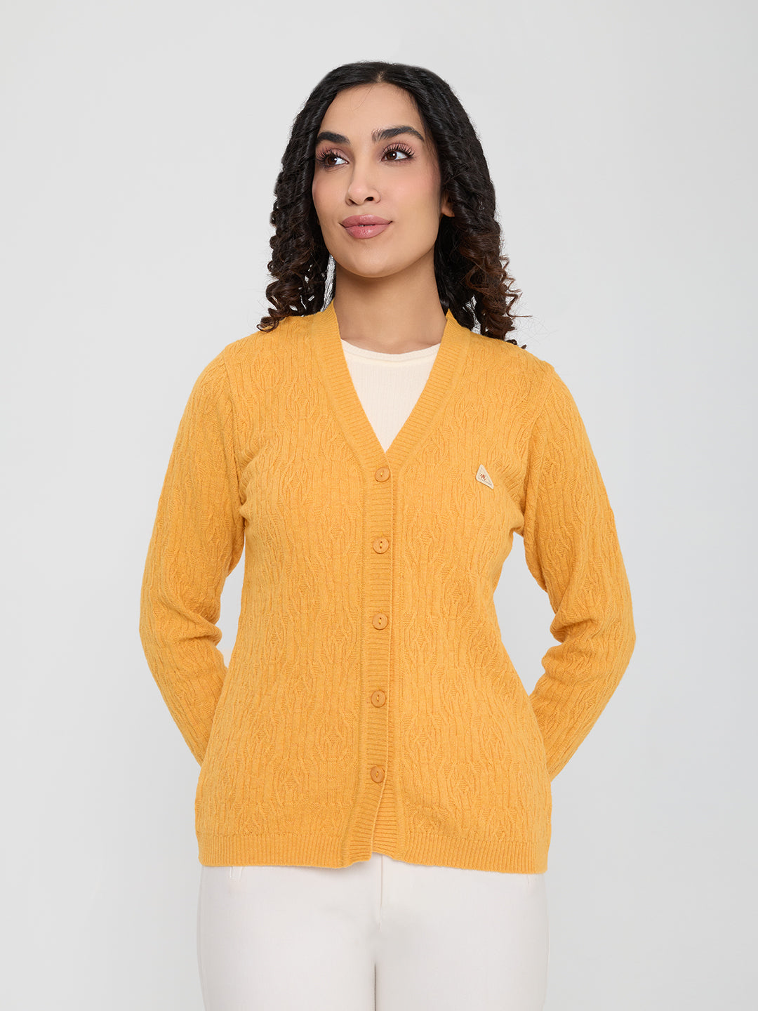 Women Yellow Self Design V Neck Full Sleeve Cardigan