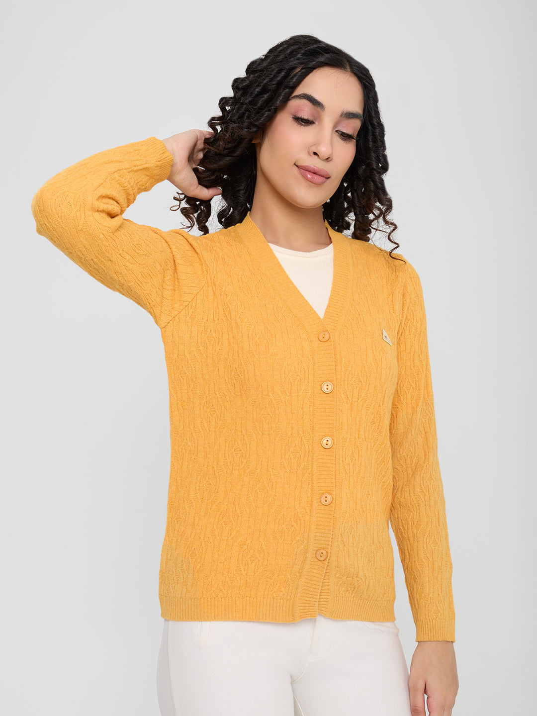 Women Yellow Self Design V Neck Full Sleeve Cardigan