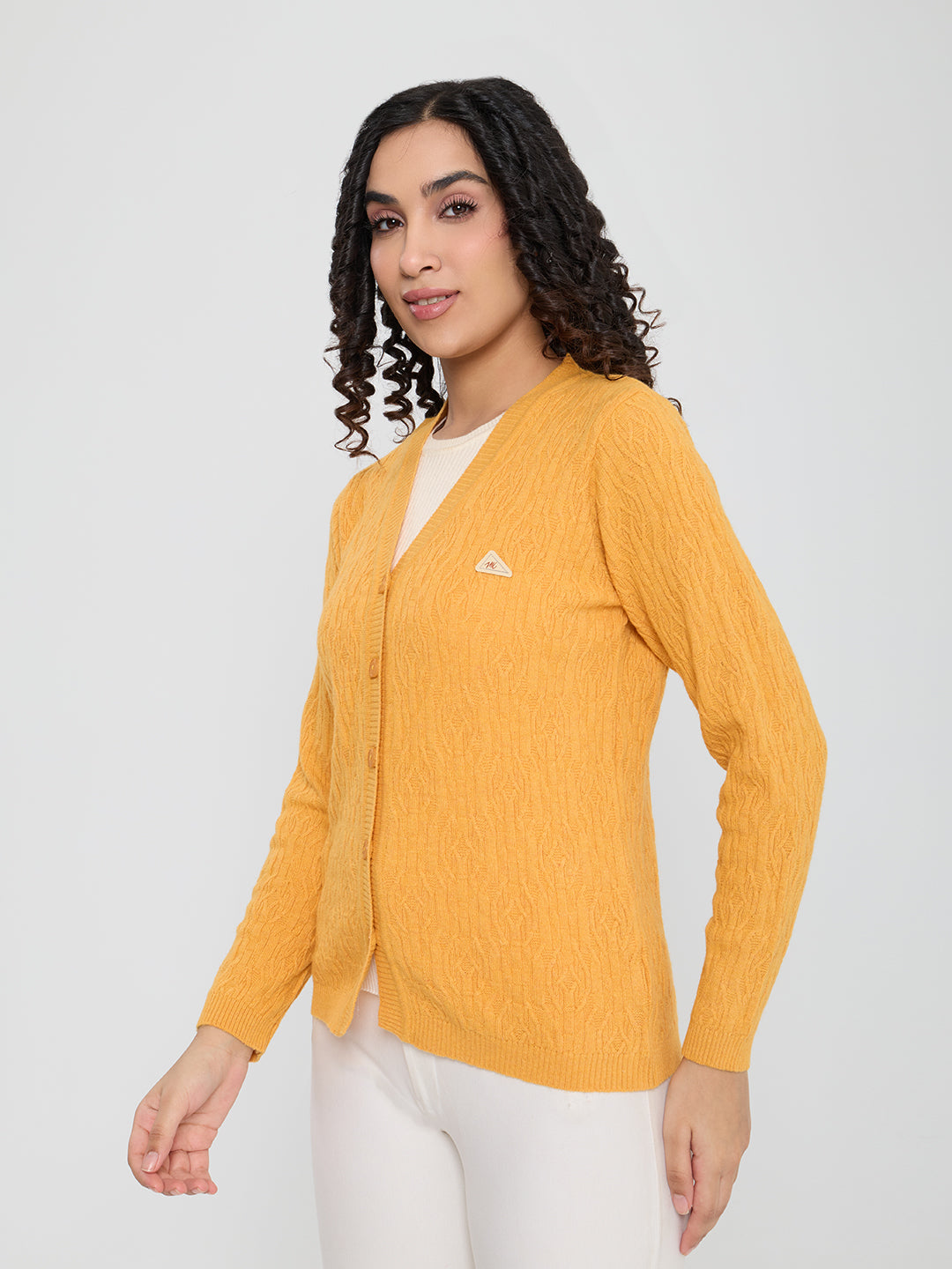 Women Yellow Self Design V Neck Full Sleeve Cardigan
