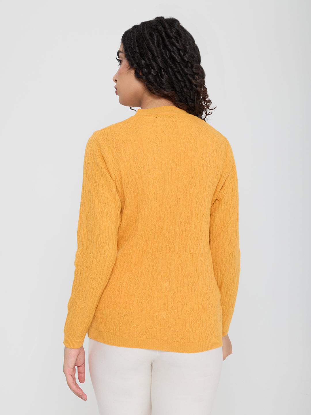 Women Yellow Self Design V Neck Full Sleeve Cardigan